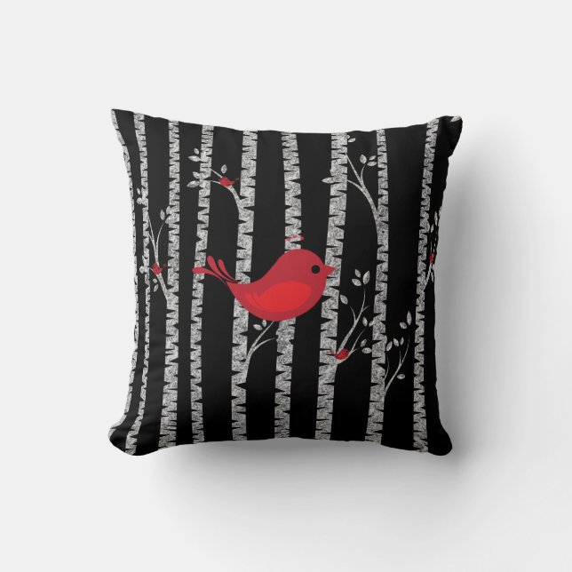 Black and White Birch Trees with Red Bird Throw Pillow (Front)