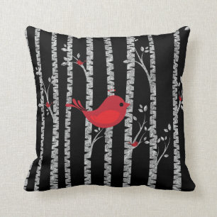 Black and White Birch Trees with Red Bird Throw Pillow