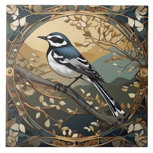Black and White Bird Art Nouveau Art Deco Tile (Front)