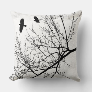 Black and White Bird Crow and Tree Silhouette Throw Pillow