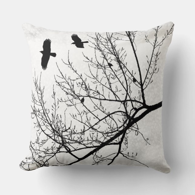 Black and White Bird Crow and Tree Silhouette Throw Pillow (Front)