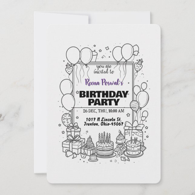 Black and White Birthday Party Invitation (Front)