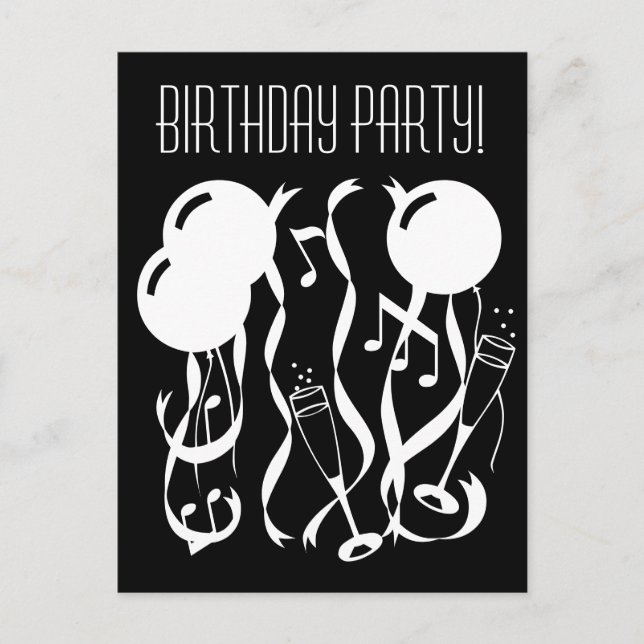 Black and white Birthday party invitation postcard (Front)
