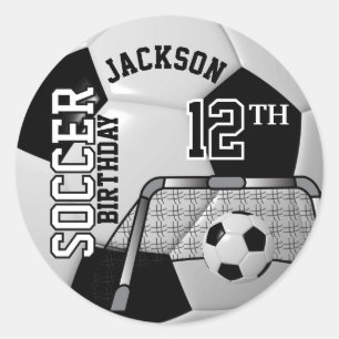 Black and White Birthday Soccer Ball Classic Round Sticker