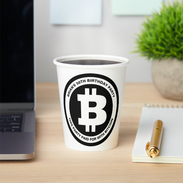 Black and White Bitcoin Symbol Custom Message Paper Cups (Insitu)