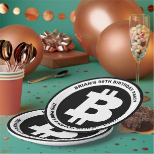 Black and White Bitcoin Symbol Custom Message Paper Plate