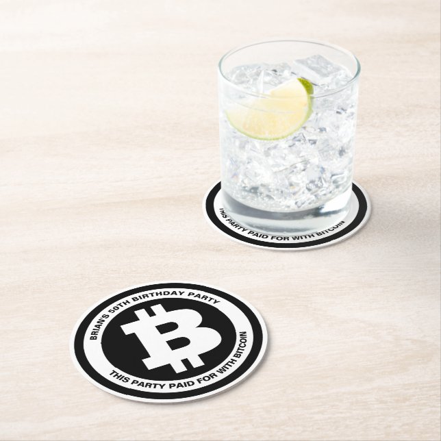 Black and White Bitcoin Symbol Custom Message Round Paper Coaster (Insitu)