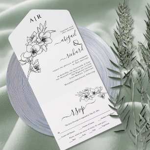 Black and white blossoms line art wedding all in o one invitation