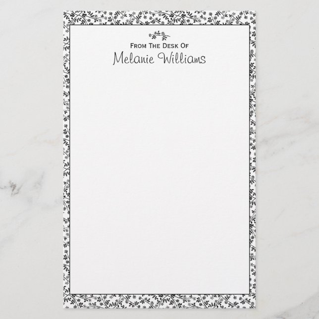 Black and White Blossoms Personalized Stationery (Front)
