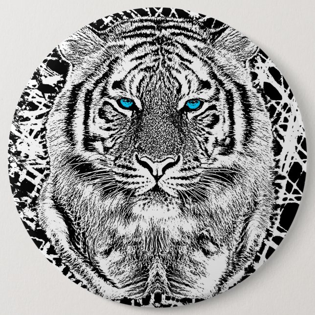 Black And White Blue Eyes Tiger Graphic 6 Inch Round Button (Front)