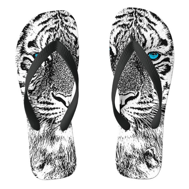 Black And White Blue Eyes Tiger Graphic Flip Flops (Footbed)