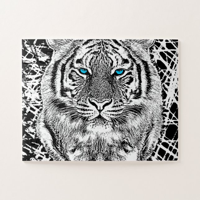 Black And White Blue Eyes Tiger Graphic Jigsaw Puzzle (Horizontal)