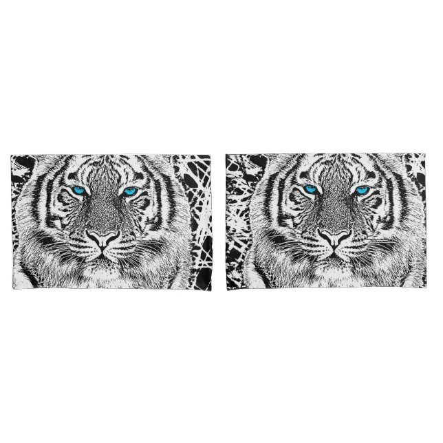Black And White Blue Eyes Tiger Graphic Pillowcase (Front-Set)