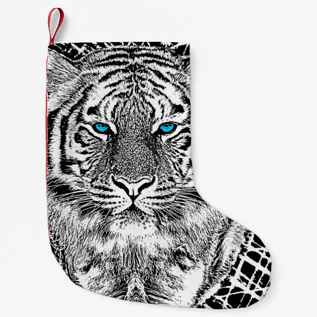 Black And White Blue Eyes Tiger Graphic Small Christmas Stocking (Front)