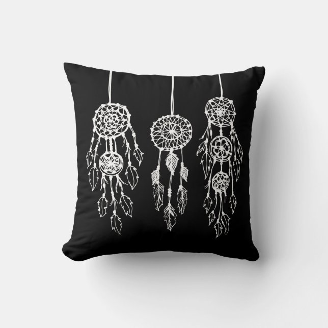 Black and White Bohemian Dreamcatchers Throw Pillow (Front)