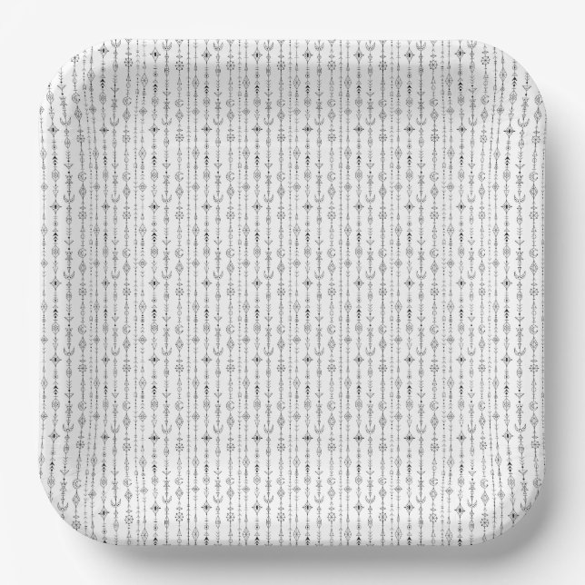 Black and white boho doodle abstract pattern paper plate (Front)