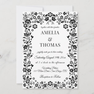 Black and White Boho Floral Wedding Invitation