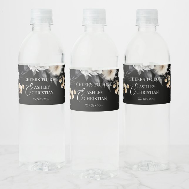 Black and white boho wedding personalized  water bottle label (Bottles)