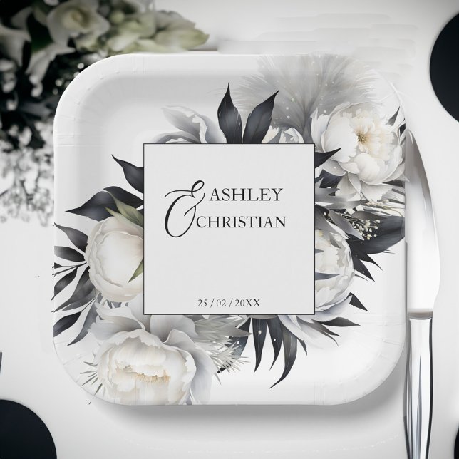 Black and white boho wedding tableware template paper plate (Black and white boho wedding personalized tableware template paper plates elegant white peonies)