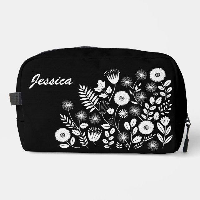 Black and White Boho Wildflower  Dopp Kit (Front)