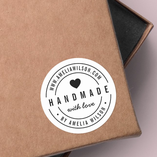 Black and White Bold Handmade With Love Heart Classic Round Sticker (Creator Uploaded)