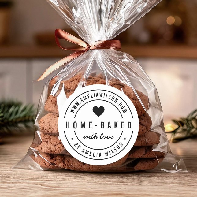 Black and White Bold Home-baked With Love Heart Classic Round Sticker (Creator Uploaded)