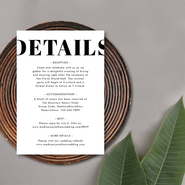 Black and White Bold Minimalist Wedding Details Enclosure Card (Front)