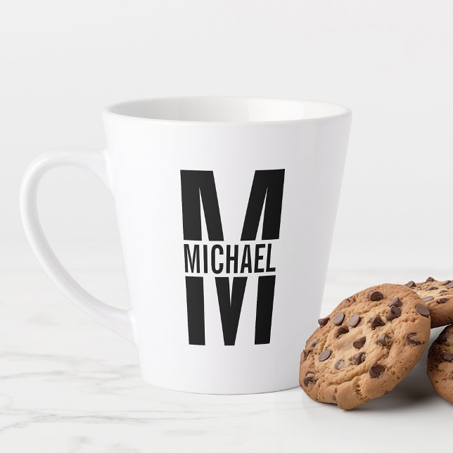 Black and White Bold Monogram and Name Latte Mug (Creator Uploaded)