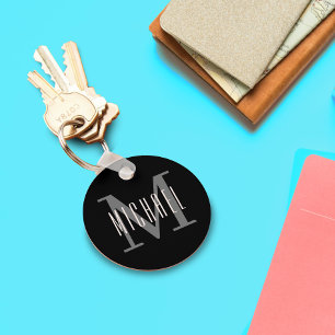 Black and White Bold Monogram Initial & First Name Keychain