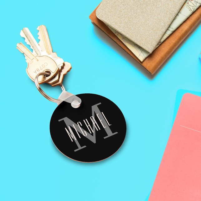 Black and White Bold Monogram Initial & First Name Keychain (Creator Uploaded)