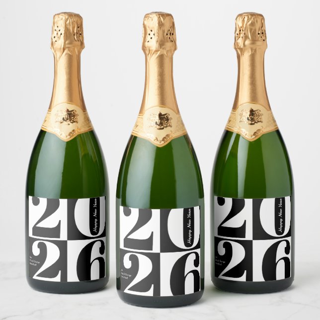 Black and White Bold Year Blocks New Year Party Sparkling Wine Label (Bottles)