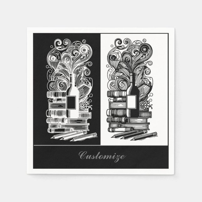 Black And White Books And Wine Napkin (Front)