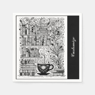 Black And White Bookshelves Doodle Napkin