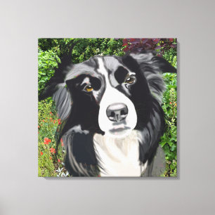 Black and White Border Collie against Flowers Canvas Print