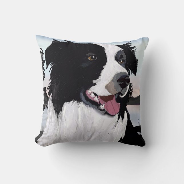 Black and white Border Collie at Sunrise by Water Throw Pillow (Front)