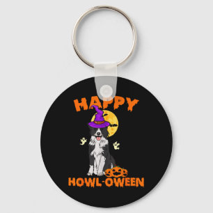 Black And White Border Collie Dog Witch Happy Keychain