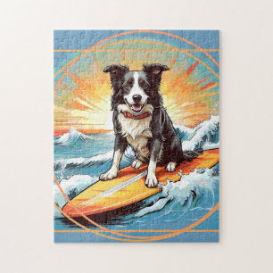 Black and White Border Collie Surfing Jigsaw Puzzle
