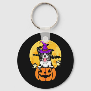 Black And White Border Collie Witch Dog Halloween Keychain