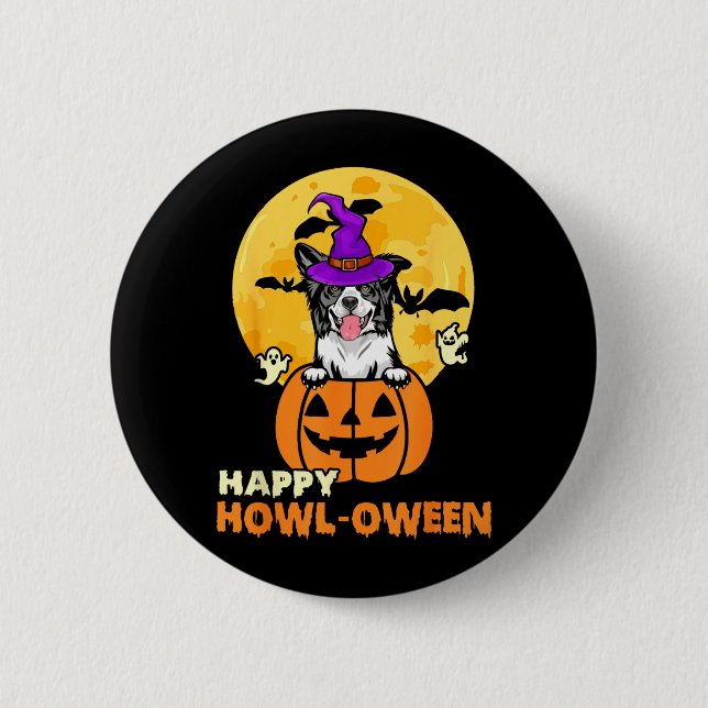 Black And White Border Collie Witch Dog Happy 2 Inch Round Button (Front)
