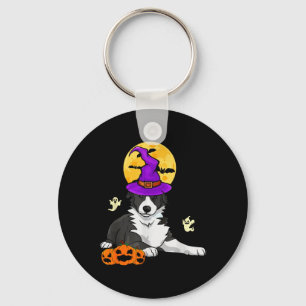 Black And White Border Collie Witch Halloween Keychain