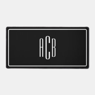 Black and White Border Three Letter Blue Monogram Desk Mat