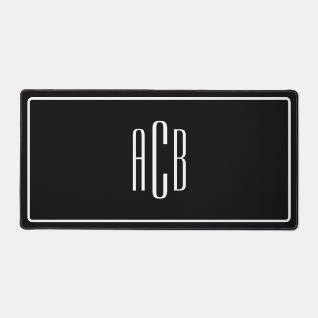 Black and White Border Three Letter Blue Monogram Desk Mat (Front)