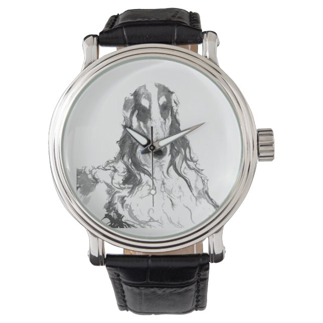 Black And White Borzoi Portrait Watch (Front)