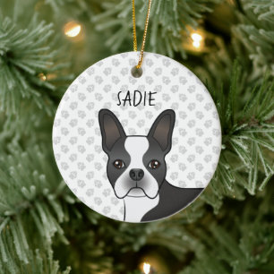 Black And White Boston Terrier Cartoon Dog & Name Ceramic Ornament