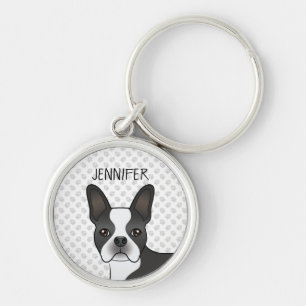 Black And White Boston Terrier Cartoon Dog & Name Keychain