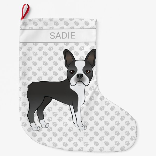 Black And White Boston Terrier Cartoon Dog & Name Large Christmas Stocking (Front)