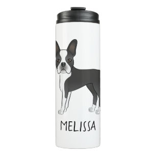 Black And White Boston Terrier Cartoon Dog & Name Thermal Tumbler