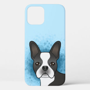 Black And White Boston Terrier Cartoon Dog On Blue iPhone 12 Case