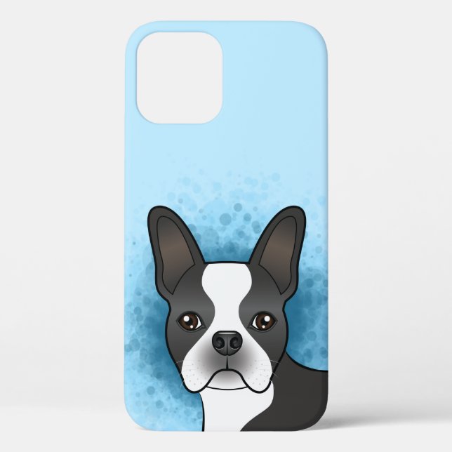 Black And White Boston Terrier Cartoon Dog On Blue Case-Mate iPhone Case (Back)