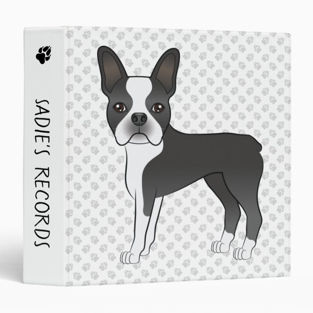 Black And White Boston Terrier Cartoon Dog & Paws Binder (Front/Spine)